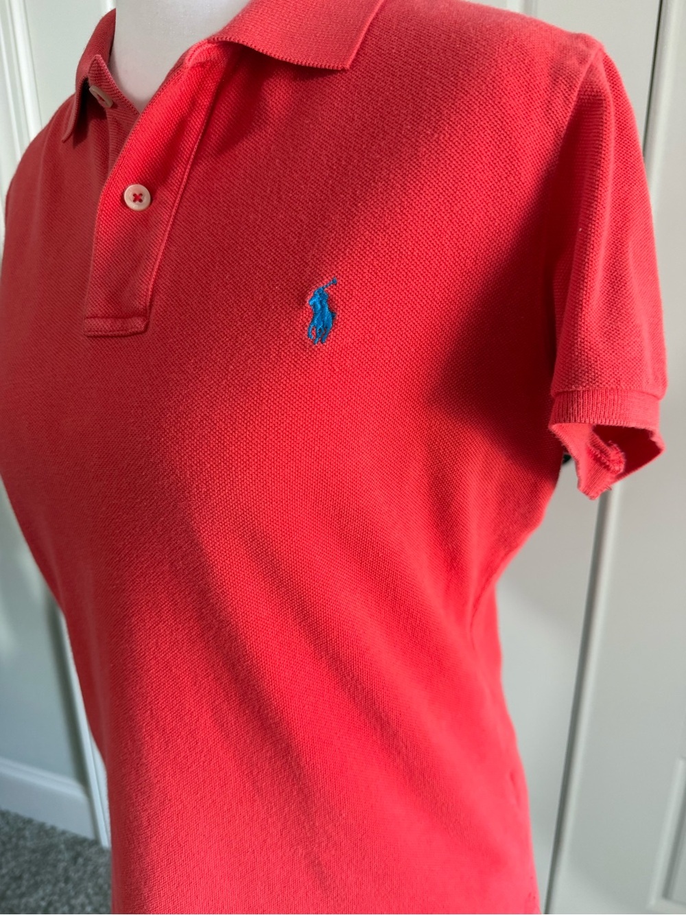 Ralph Lauren The Skinny Polo Women L Coral Red Blue Pony Cotton Preppy